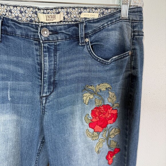 Vintage America Floral Embroidered Bestie Jean Sz 12/31Ankle Mid Rise Distressed - Picture 4 of 14